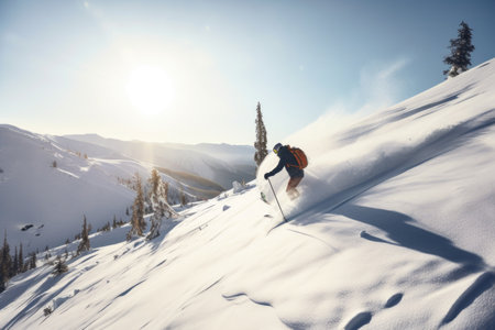person, on skis, gliding down snowy mountain slope, created with generative aiの素材