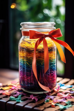 rainbow confetti in a glass jar with a ribbon tied around it, created with generative aiの素材