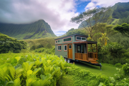 tiny house on wheels surrounded by lush greenery and mountains in the background, created with generative aiの素材