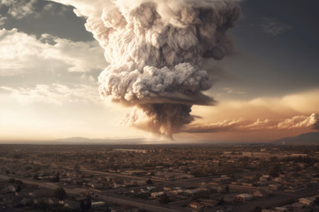 volcanic ash cloud spreading across the sky, created with generative aiの素材