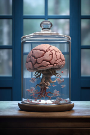 3d rendered brain floating in a glass jar, created with generative aiの素材