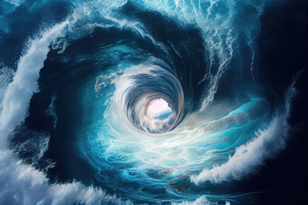 tropical cyclone spinning over calm blue ocean, with waves lapping against the shore, created with generative aiの素材
