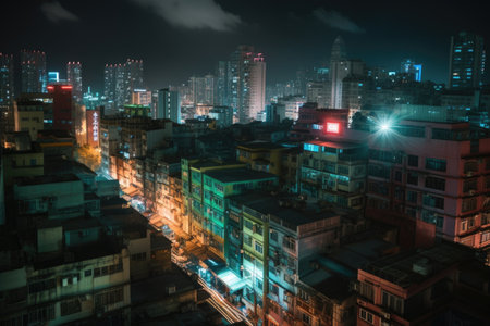 nighttime cityscape, with colorful lights shining and illuminating the streets, created with generative aiの素材