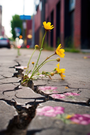 tiny flowers emerging through cracks in pavement, created with generative aiの素材