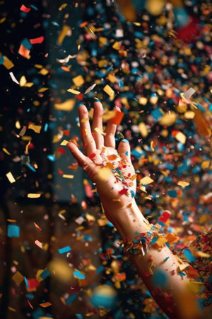 handful of confetti thrown in the air, creating a blurred effect, created with generative aiの素材