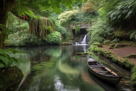peaceful scene with cascading waterfall and rowing boat in the foreground, created with generative aiの素材