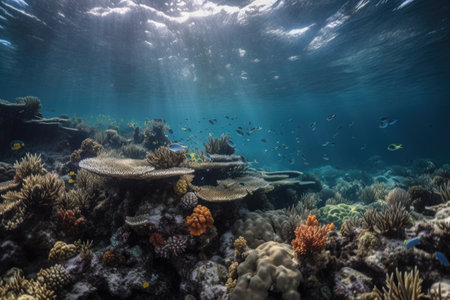 tropical reef, with schools of fish swimming and multicolored coral, created with generative aiの素材