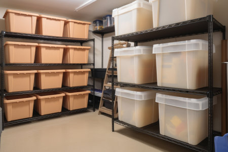 storage space, with a variety of boxes and bins for storing items, created with generative aiの素材