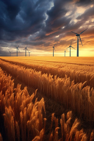 wind turbines in a golden wheat field, created with generative aiの素材
