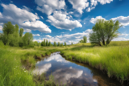 peaceful meadow with a tranquil stream and fluffy clouds in the background, created with generative aiの素材