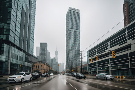 modern skyscraper towering over city, with people and vehicles visible in the streets below, created with generative aiの素材