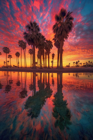 silhouette of palm trees at sunset with vibrant colors, created with generative aiの素材