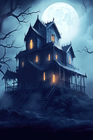 spooky haunted house with fog and moonlit night, created with generative aiの素材