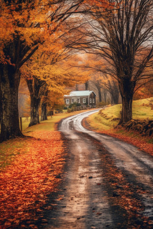 a winding country road lined with autumn trees, created with generative aiの素材