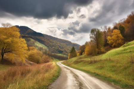 scenic road trip through the rolling hills of autumn, created with generative aiの素材