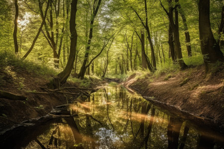 peaceful forest with stream and reflection of the sky, created with generative aiの素材