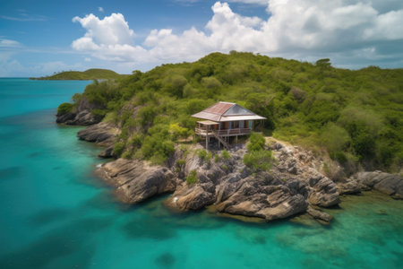remote island getaway with view of endless azure waters, created with generative aiの素材