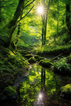 lush green forest with sunlight filtering through, created with generative aiの素材