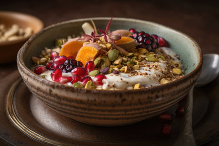 delicately layered breakfast bowl, made with fruit, nuts and seeds, created with generative aiの素材