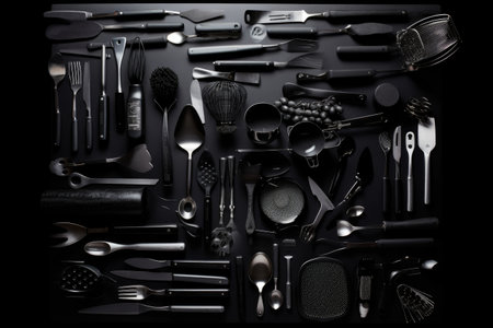 a collection of cooking utensils, ranging from knives to spoons, on a black background, created with generative aiの素材