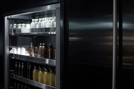 close-up of sleek and modern walk-in refrigerator, with bottles and cans visible, created with generative aiの素材