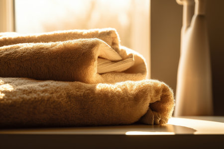close-up of warm and fluffy towels, with the sun shining behind them, created with generative aiの素材