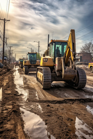 heavy machinery working on a road construction project, created with generative aiの素材