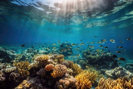 seascape with school of colorful tropical fish swimming around coral reef, created with generative aiの素材