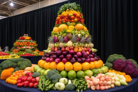 tower of colorful fruit and vegetables for eye-catching display, created with generative aiの素材