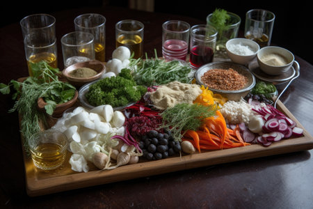 a beautifully arranged platter of deconstructed recipe ingredients, ready to be mixed and matched, created with generative aiの素材