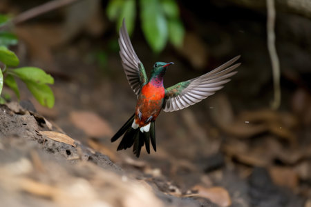 hummingbird in mid-flight, its wings beating rapidly, created with generative aiの素材