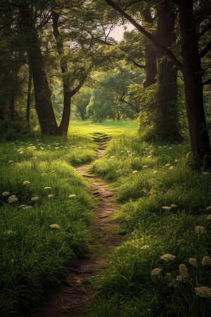 winding grass path through a lush woodland landscape, created with generative aiの素材