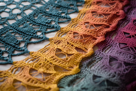 close-up of intricate crocheted fabric, with the stitches visible, created with generative aiの素材