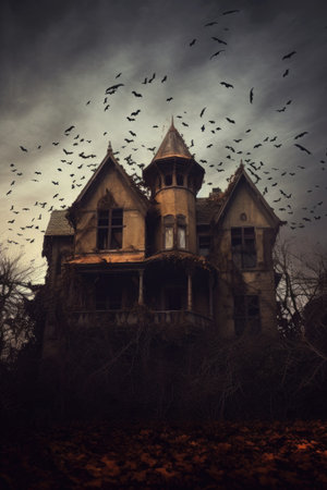 creepy abandoned haunted house with bats flying around, created with generative aiの素材