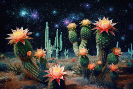 blooming cacti against a starry night sky, created with generative aiの素材