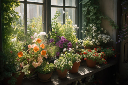 window garden with blooming flowers and herbs on terrace, created with generative aiの素材