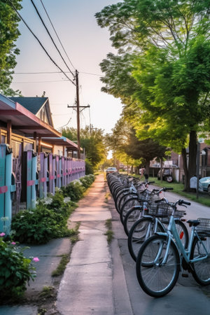 rows of bicycles parked at a community bike share station, created with generative aiの素材