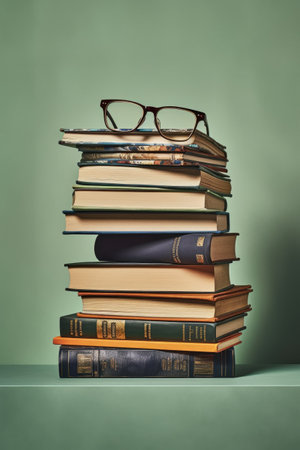 stack of business books with reading glasses on top, created with generative aiの素材