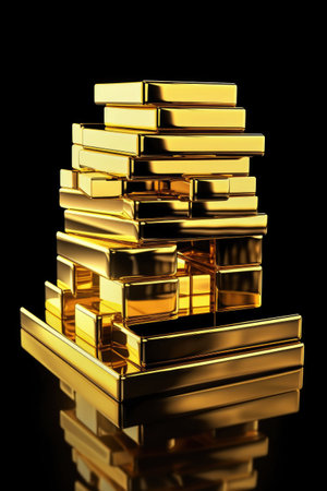 gold bars stacked on a reflective surface, created with generative aiの素材