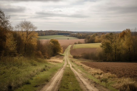 country road, with fields and farms visible in the distance, created with generative aiの素材
