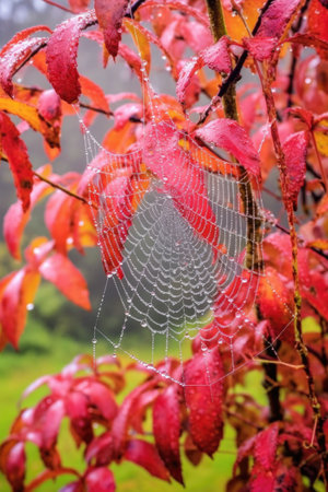 morning dew on a spider web among vibrant autumn leaves, created with generative aiの素材