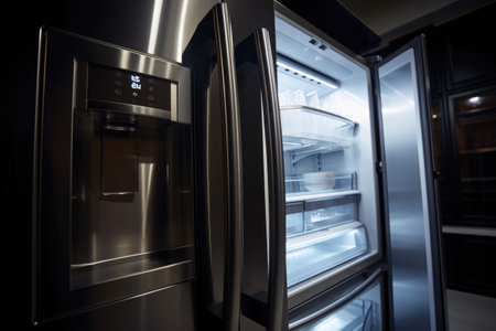 close-up of refrigerator door, featuring illuminated interior light and sleek design, created with generative aiの素材