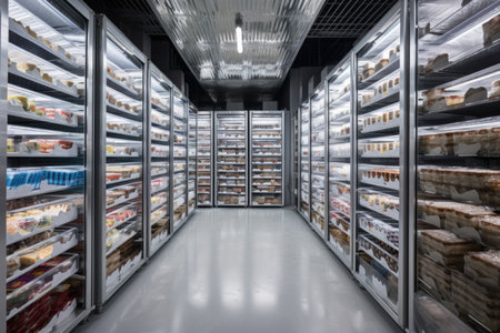 remarkable walk-in freezer, with towering stacks of frozen products and frozen exterior, created with generative aiの素材