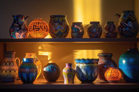 sunlight illuminating colorful pottery designs, created with generative aiの素材