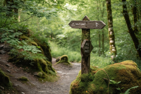 signpost with directional arrows pointing the way for hikers, created with generative aiの素材