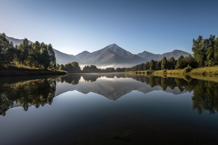 serene lake with reflection of majestic mountain range in the background, created with generative aiの素材