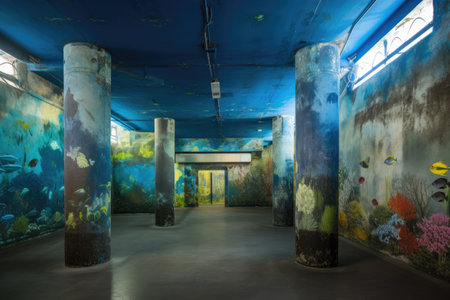 murals of underwater world, with schools of fish and rays swimming in the background, created with generative aiの素材