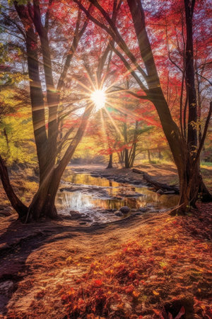 sunrays streaming through vibrant fall foliage, created with generative aiの素材