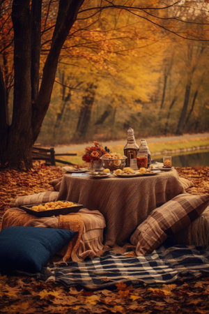 a cozy autumn picnic setup with a blanket and fall foliage, created with generative aiの素材