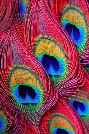close-up of a vibrant peacock feather, created with generative aiの素材